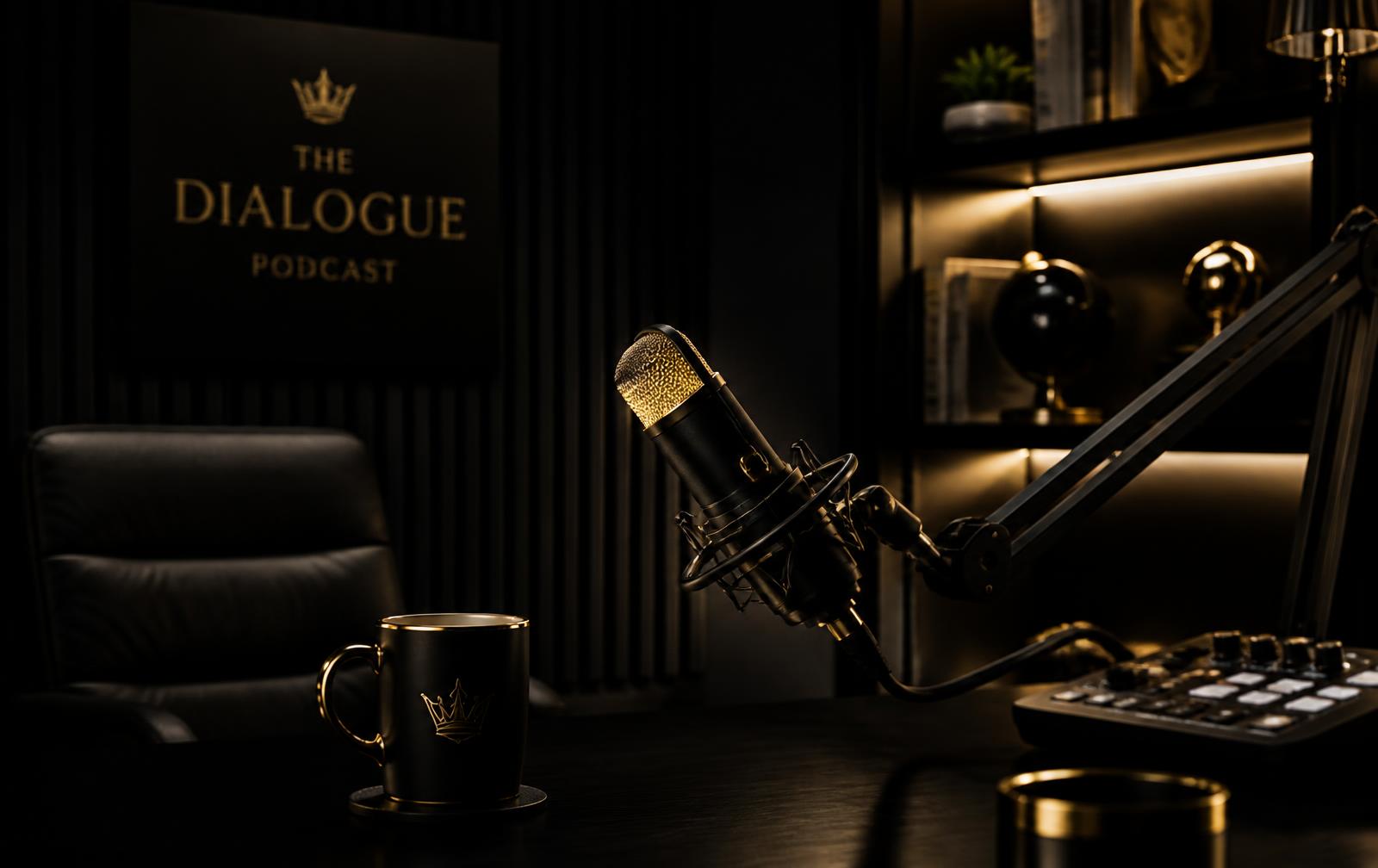 Dark podcast studio with a gold-accented microphone